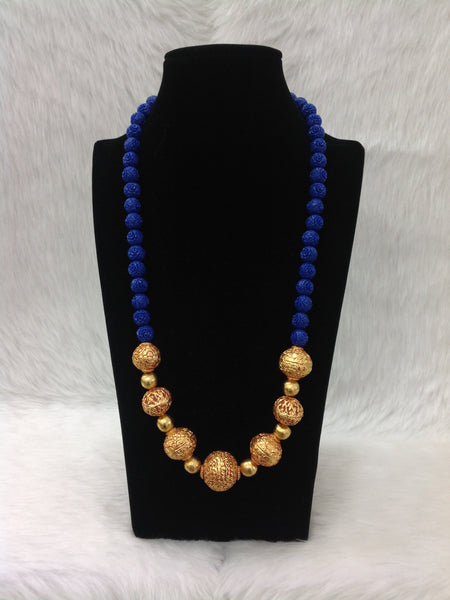 Beauticious Blue Synthetic Beads With Golden And Geru Beads Necklace