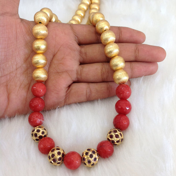 Enigmatic Pastel Red Gemstones Golden Beads Necklace