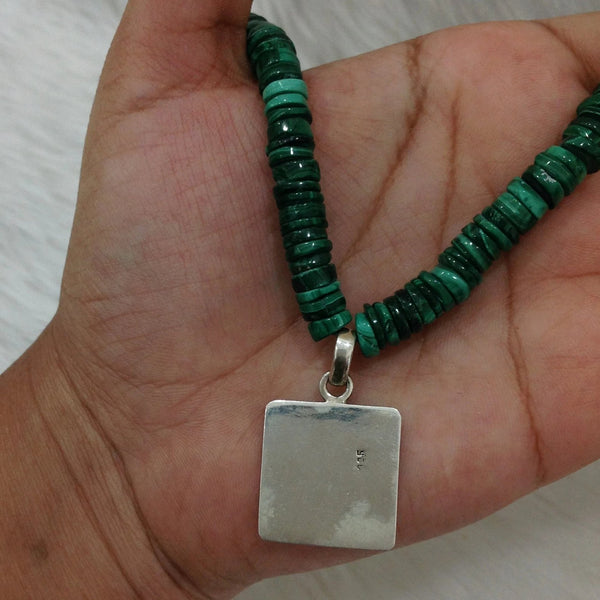 Green Malachite Semi Precious With Silver Pendant Necklace