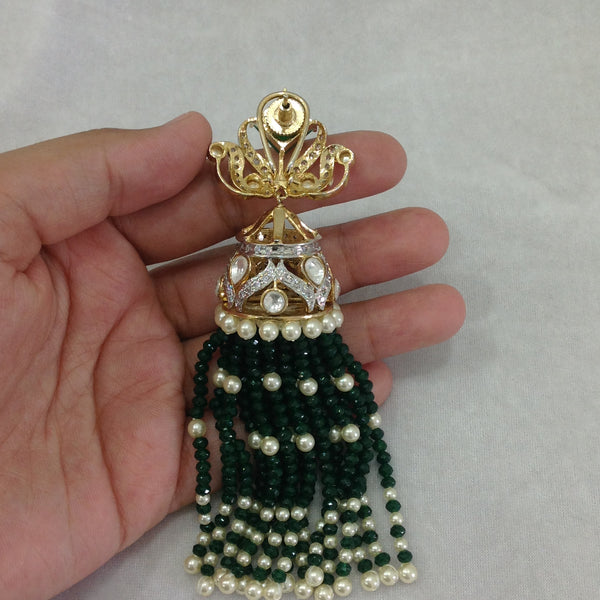 Elegant Emerald Green Crystal And Kundan Long Earrings