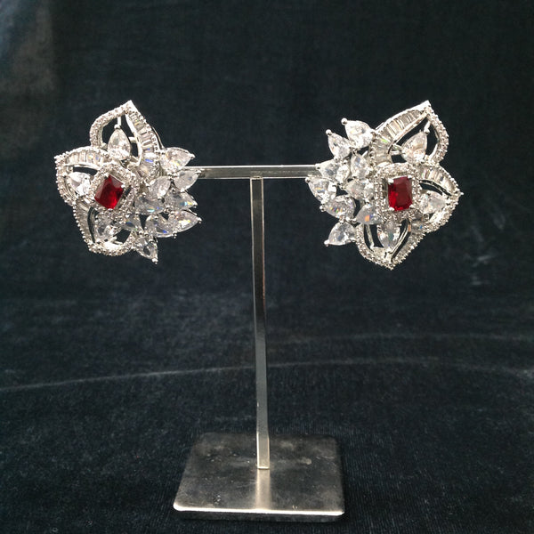 Spherical Floret Ruby Red Stone With Crystal Stud Earrings