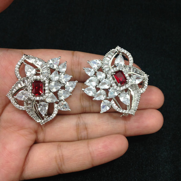 Spherical Floret Ruby Red Stone With Crystal Stud Earrings
