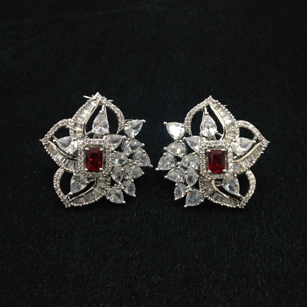 Spherical Floret Ruby Red Stone With Crystal Stud Earrings