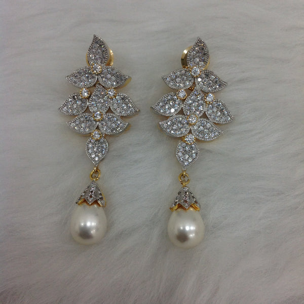 White and Gold Tripartite Pearl Dangler Earrings