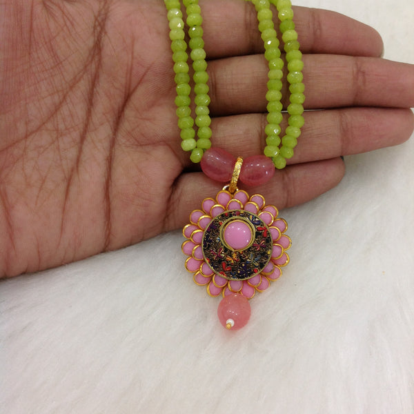 Two Stranded Lime Green with Handcarved Pendant and Pink Lemonade Necklace Set