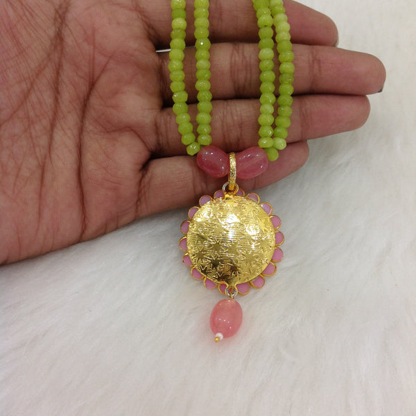 Two Stranded Lime Green with Handcarved Pendant and Pink Lemonade Necklace Set
