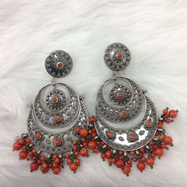 Ornamental Red Silver Chandbaali Long Earrings
