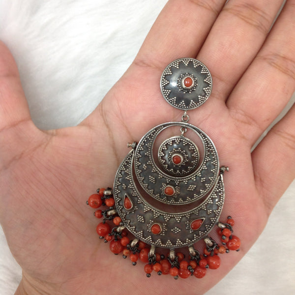 Ornamental Red Silver Chandbaali Long Earrings