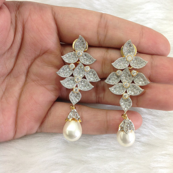 White and Gold Tripartite Pearl Dangler Earrings