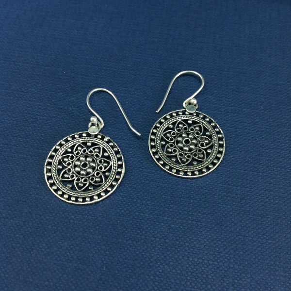 Round Ethnic Silver Drop Earrings