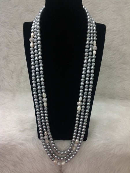 Three Stranded Silver & Freshwater Pearls Necklace