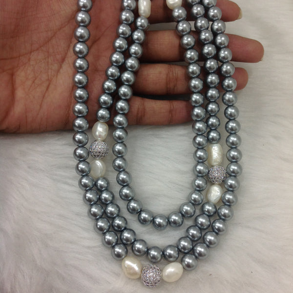 Three Stranded Silver & Freshwater Pearls Necklace