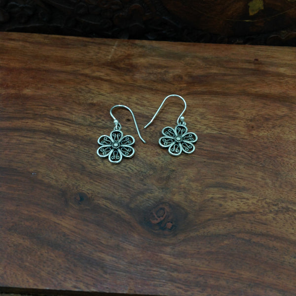 Small Flower Design 925 Silver Drop Earrings