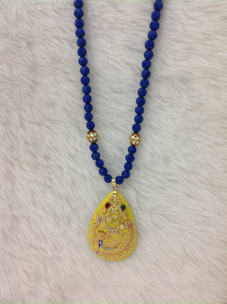 Midnight Blue Beaded in Bumblebee Yellow Pendant Necklace