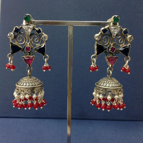 Fabulous Blue Red and Silver Jhumka Long Earrings