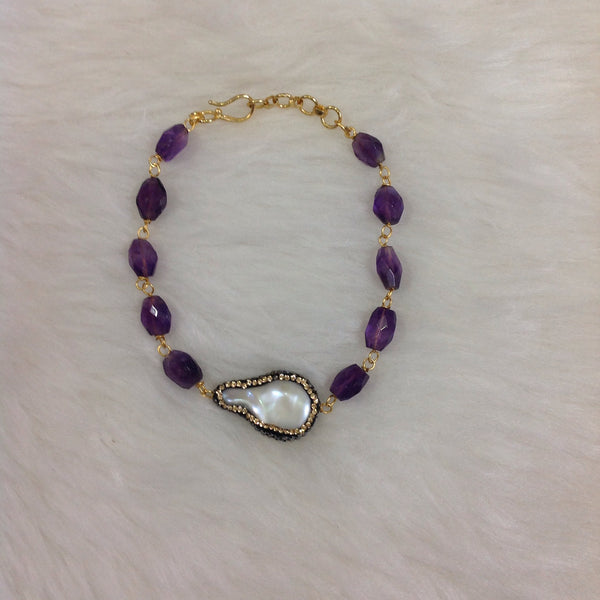 Amazing Amethyst with Crystal Paved Pearl Bracelet