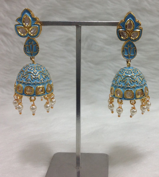 Sky Blue Enamel Golden Jhumka Earrings