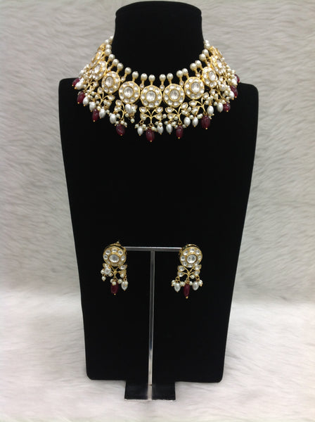 Magnetic Ruby Red Gemstones Kundan And Pearl Choker Necklace Set