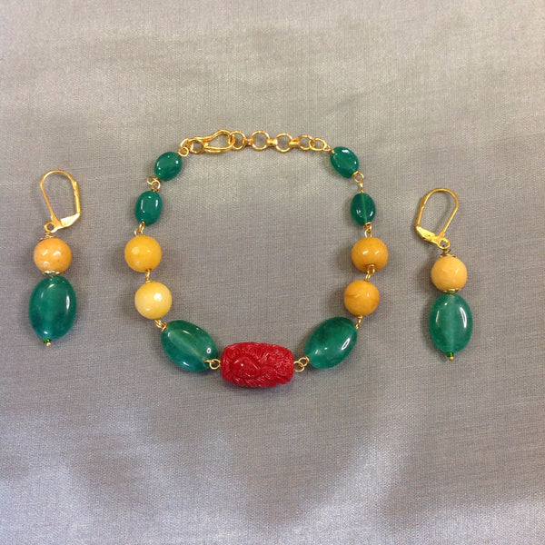 Emerald Green and Yellow with Red Coral Bracelet Set