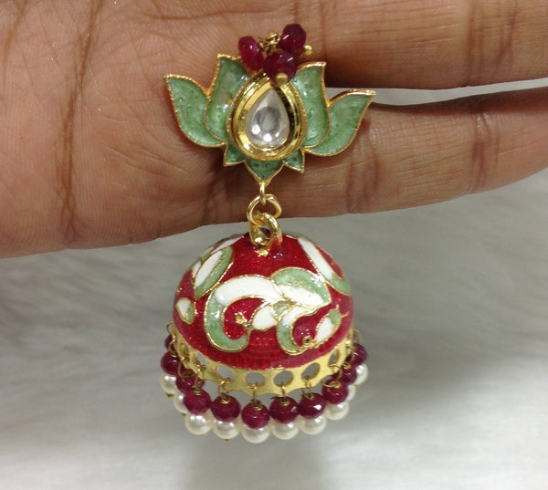 Classic Red and Green Meenakari Jhumka Earrings