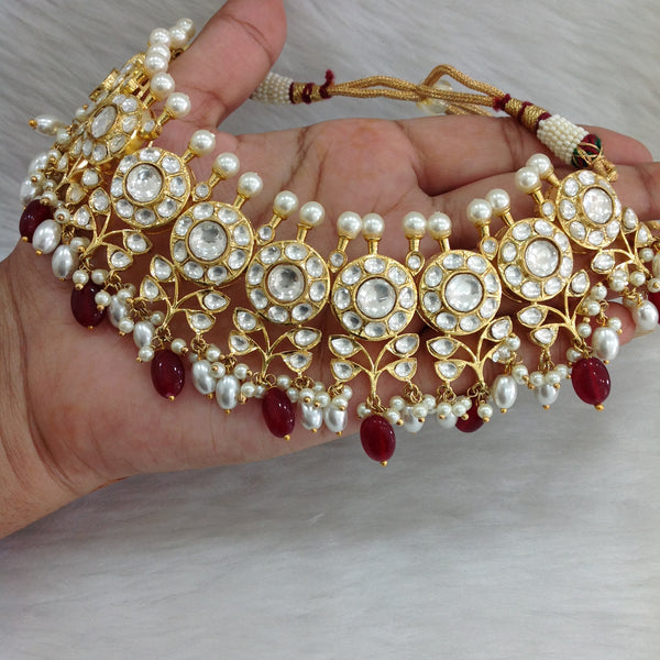 Magnetic Ruby Red Gemstones Kundan And Pearl Choker Necklace Set