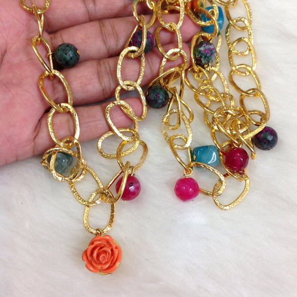 Delicious Multicolored Gemstone Chain Rose Coral Necklace