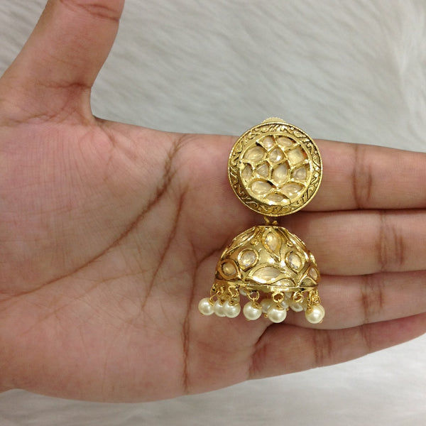 Golden Touch of Enamel Kundan and Pearls Jhumka Earrings