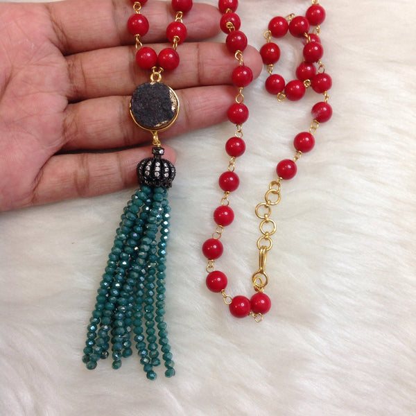 Charismatic Cherry Red Corals and Aquamarine Green Tassel Necklace