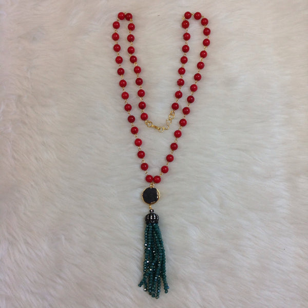 Charismatic Cherry Red Corals and Aquamarine Green Tassel Necklace