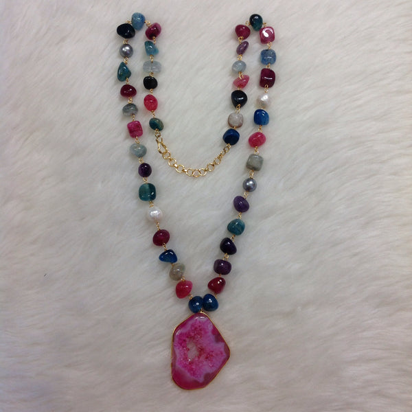 Bold Baroque Pearl With Druzy Pendant Multicolor Gemstones Necklace