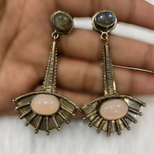 Gorgeous Peach Quartz and Labrodite Stone Metallic Brown Earrings