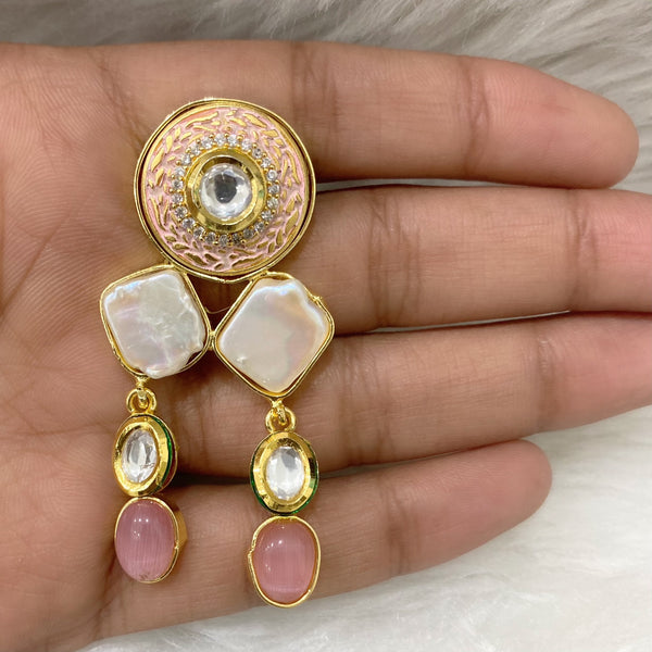 Pleasing Pink Onyx with Peach Enamel Kundan and Baroque Pearl Earrings