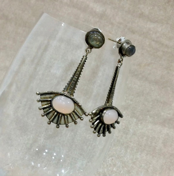 Gorgeous Peach Quartz and Labrodite Stone Metallic Brown Earrings