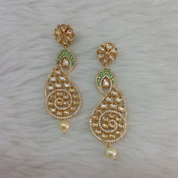 Splendid Seafoam Green Kundan And Crystal Long Earrings