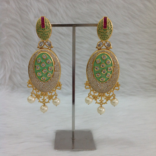 Sensational Seafoam Green Kundan And Crystal Long Earrings