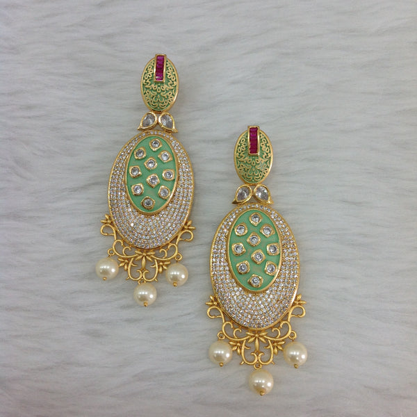 Sensational Seafoam Green Kundan And Crystal Long Earrings