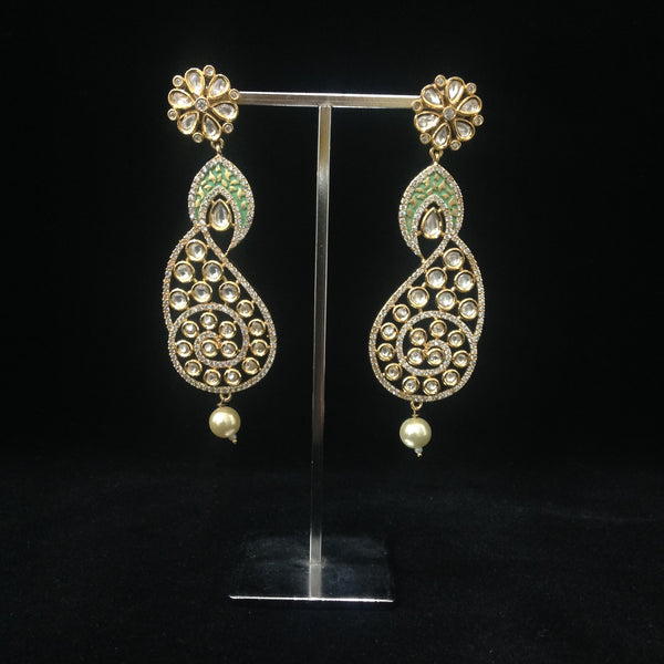 Splendid Seafoam Green Kundan And Crystal Long Earrings