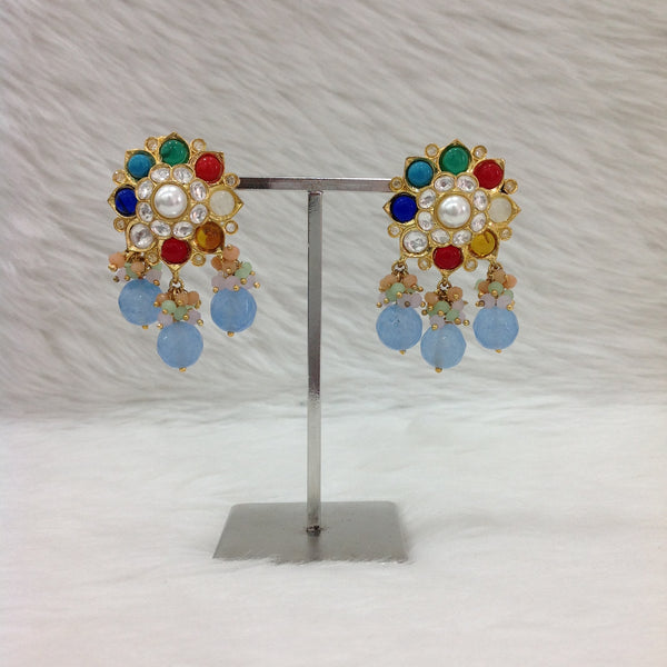 Multi-Coloured Floweret Gemstones With Pearl Drop Earrings