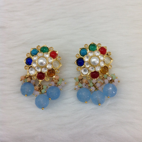 Multi-Coloured Floweret Gemstones With Pearl Drop Earrings