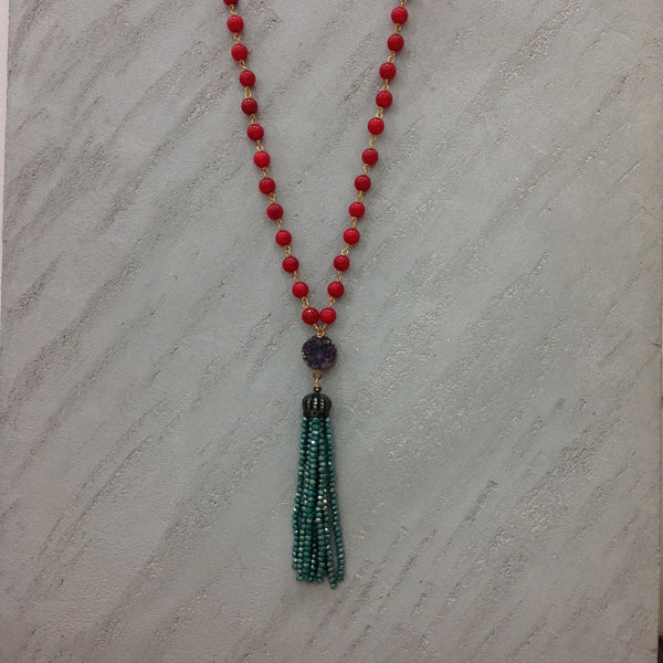 Charismatic Cherry Red Corals and Aquamarine Green Tassel Necklace