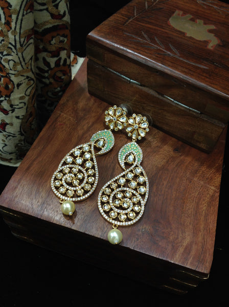 Splendid Seafoam Green Kundan And Crystal Long Earrings