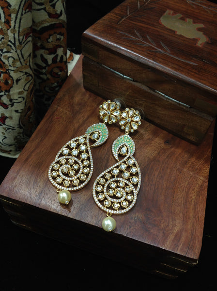 Splendid Seafoam Green Kundan And Crystal Long Earrings