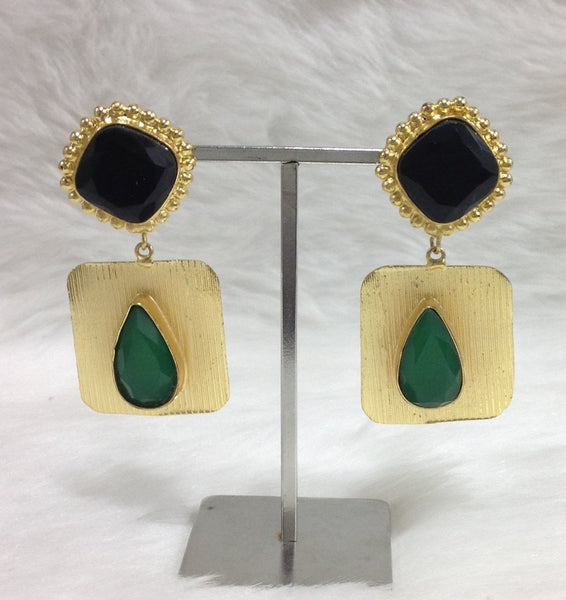 Glamourous Black Green Onyx Long Statement Earrings