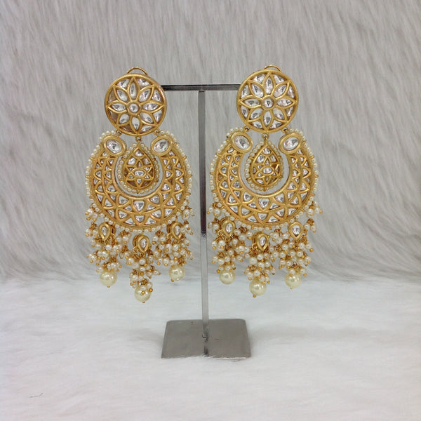 Golden Kundan Shell Pearl Chandbali Long Earrings