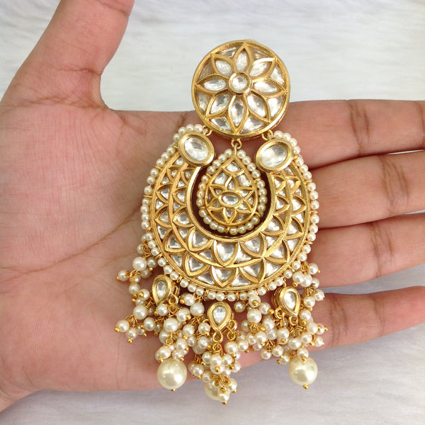 Golden Kundan Shell Pearl Chandbali Long Earrings