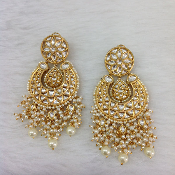 Golden Kundan Shell Pearl Chandbali Long Earrings