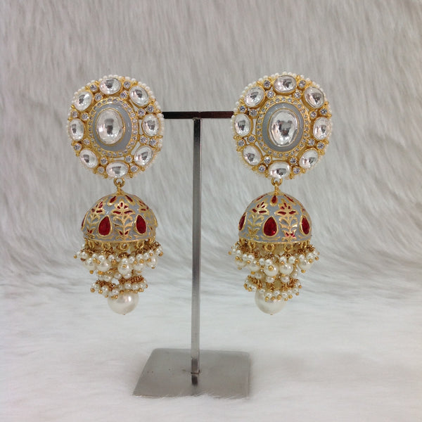 Glorious Grey Meenakari Kundan Pearl Jhumka Earrings