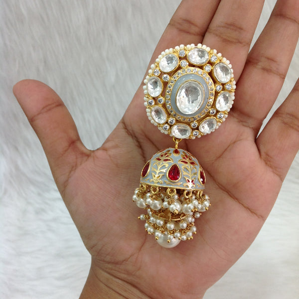 Glorious Grey Meenakari Kundan Pearl Jhumka Earrings