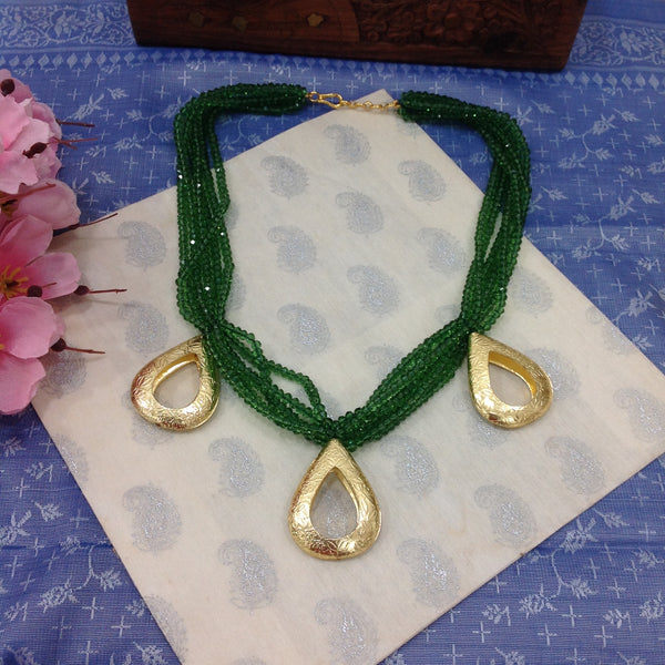 Parakeet Green Beads Golden Droplet Pendant Necklace