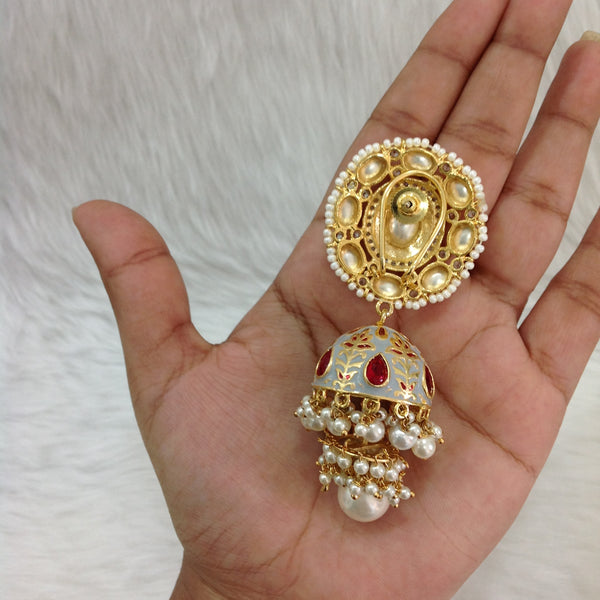 Glorious Grey Meenakari Kundan Pearl Jhumka Earrings